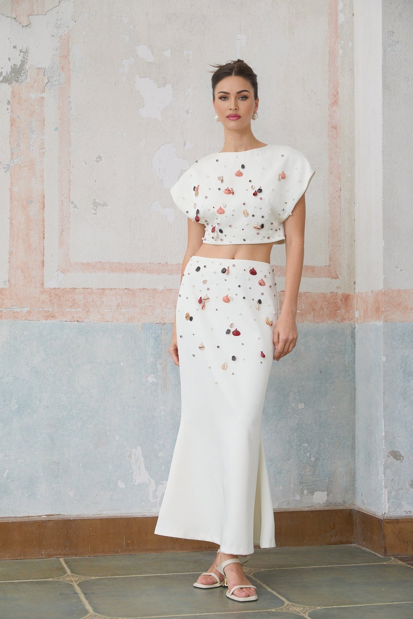 Giovanna Skirt & Top Set - Embellished Cap Sleeve Crop Top - Mermaid Hem Maxi Skirt - Rear Zip Fastening