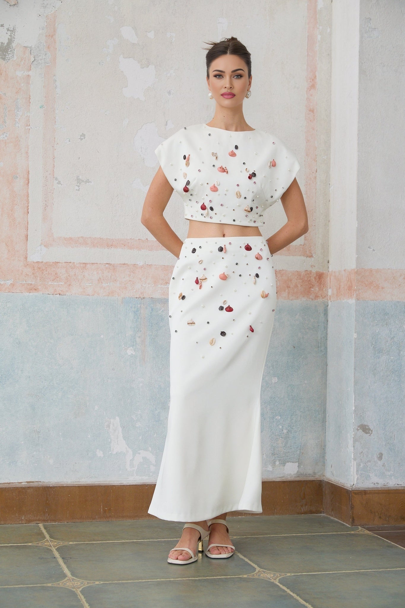 Giovanna Skirt & Top Set - Embellished Cap Sleeve Crop Top - Mermaid Hem Maxi Skirt - Rear Zip Fastening