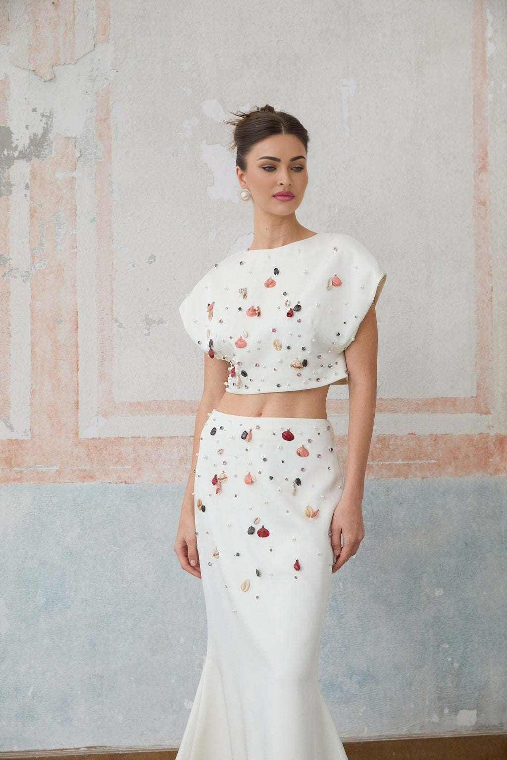 Giovanna Skirt & Top Set - Embellished Cap Sleeve Crop Top - Mermaid Hem Maxi Skirt - Rear Zip Fastening