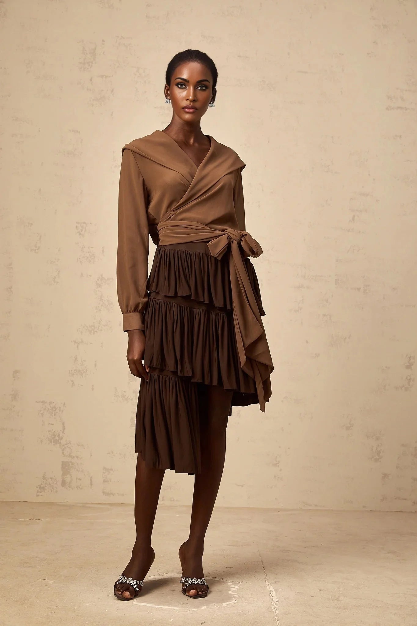 Giovanna Top Coffee Brown Chiffon Sheer Wrap V - Neck Cropped