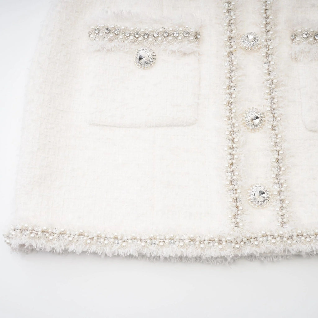 Giovannella Dress - White - Halter Neck - Thigh Length - Embellished & Buttoned