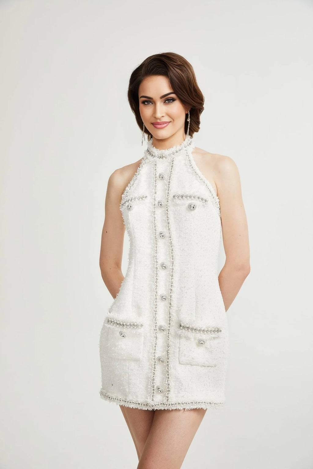 Giovannella Dress - White - Halter Neck - Thigh Length - Embellished & Buttoned