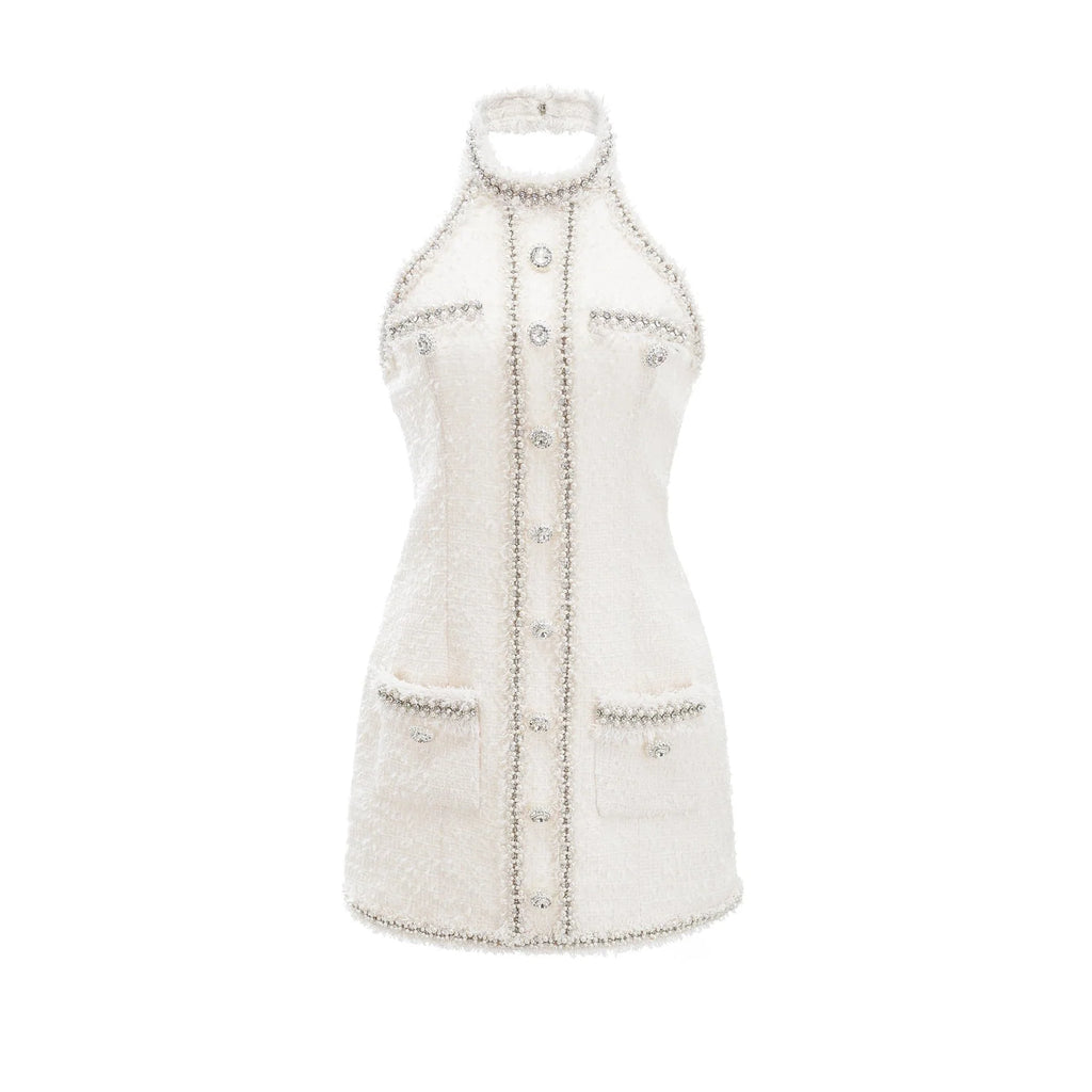 Giovannella Dress - White - Halter Neck - Thigh Length - Embellished & Buttoned