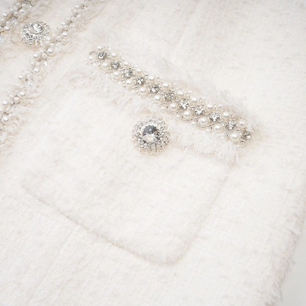 Giovannella Dress - White - Halter Neck - Thigh Length - Embellished & Buttoned