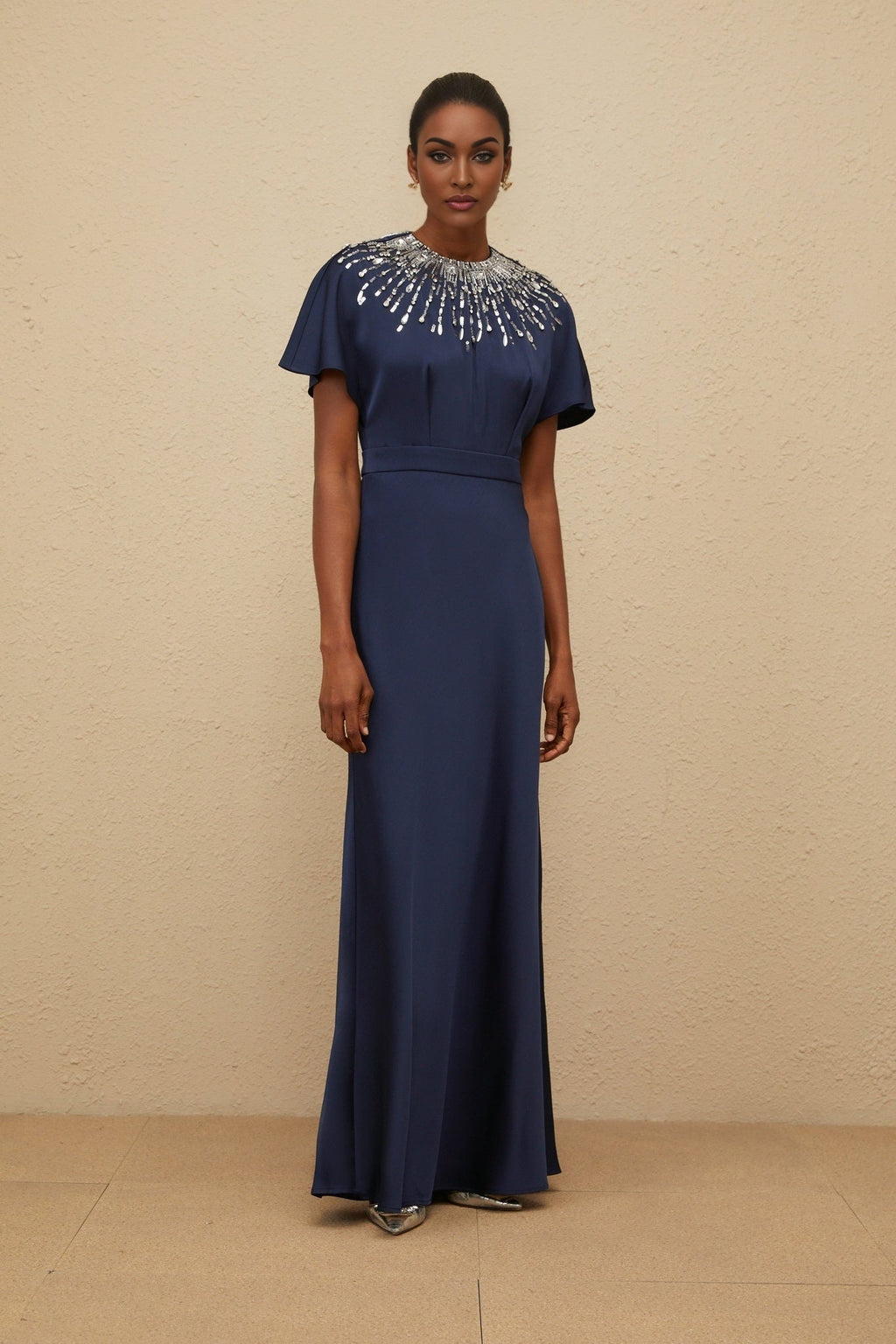 Giovannella Maxi Dress - Blue - Embellished - Crystals - Sequins - Open Back - Ribbon Fastening