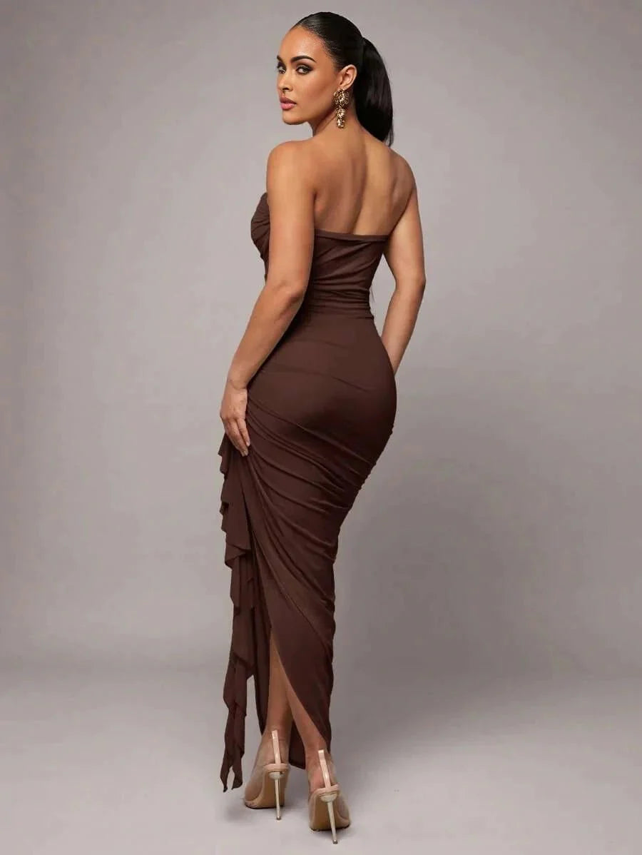 Giovannella Maxi Dress - Strapless Neckline - Refined Style - Slim Fit - High Waist Line - Sleeveless Design - Asymmetrical, Draped, Split Thigh
