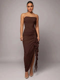 Giovannella Maxi Dress - Strapless Neckline - Refined Style - Slim Fit - High Waist Line - Sleeveless Design - Asymmetrical, Draped, Split Thigh