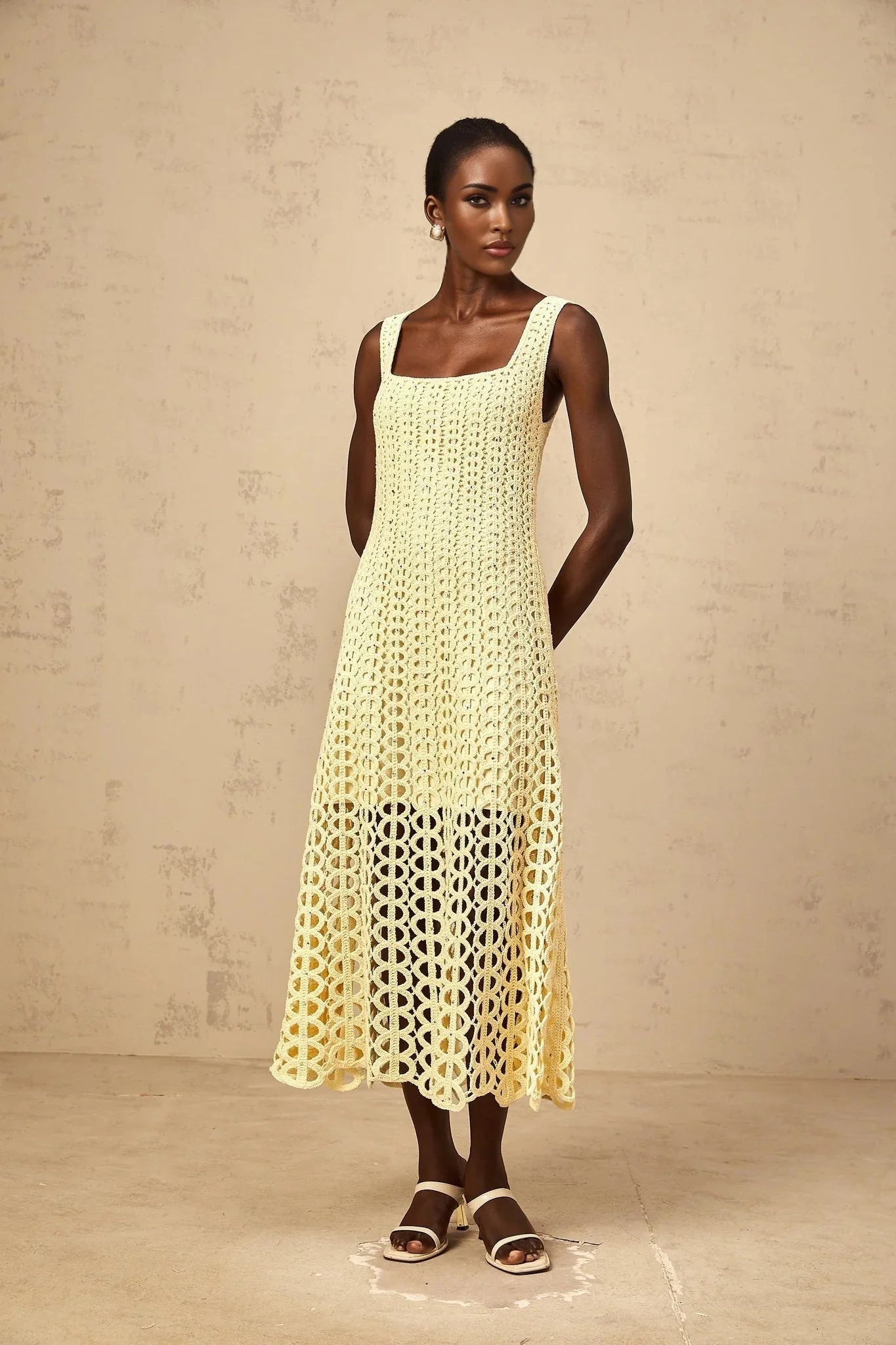 Giovannella Midi Dress Crochet Knit Cut - Out Sparkling Rhinestone & Flared Hem