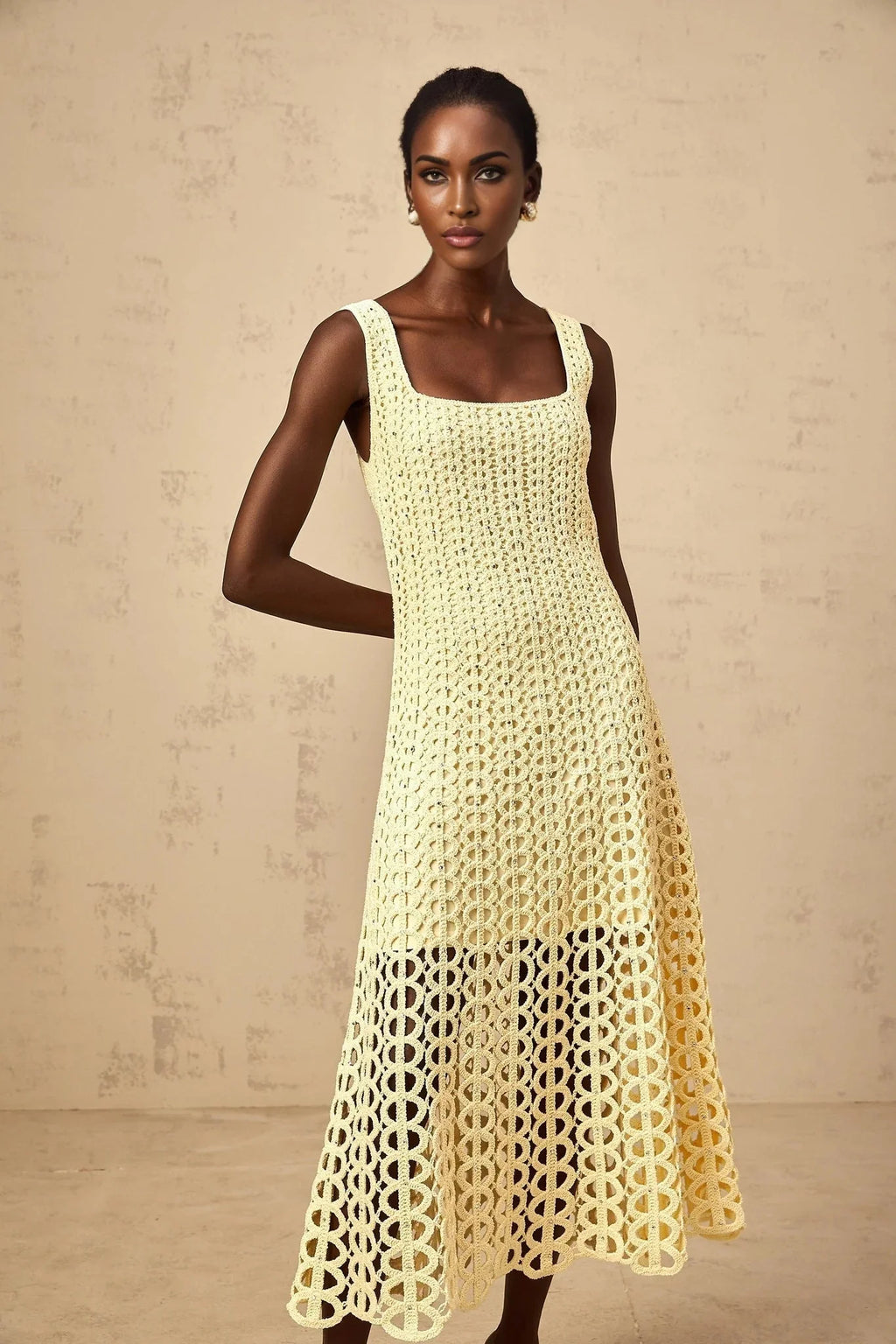 Giovannella Midi Dress Crochet Knit Cut - Out Sparkling Rhinestone & Flared Hem