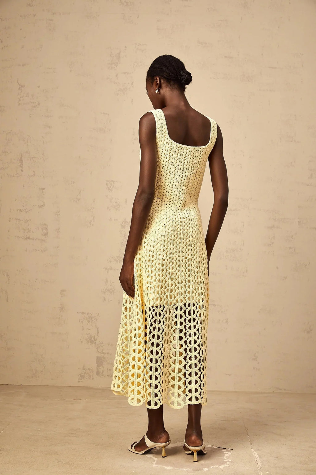 Giovannella Midi Dress Crochet Knit Cut - Out Sparkling Rhinestone & Flared Hem