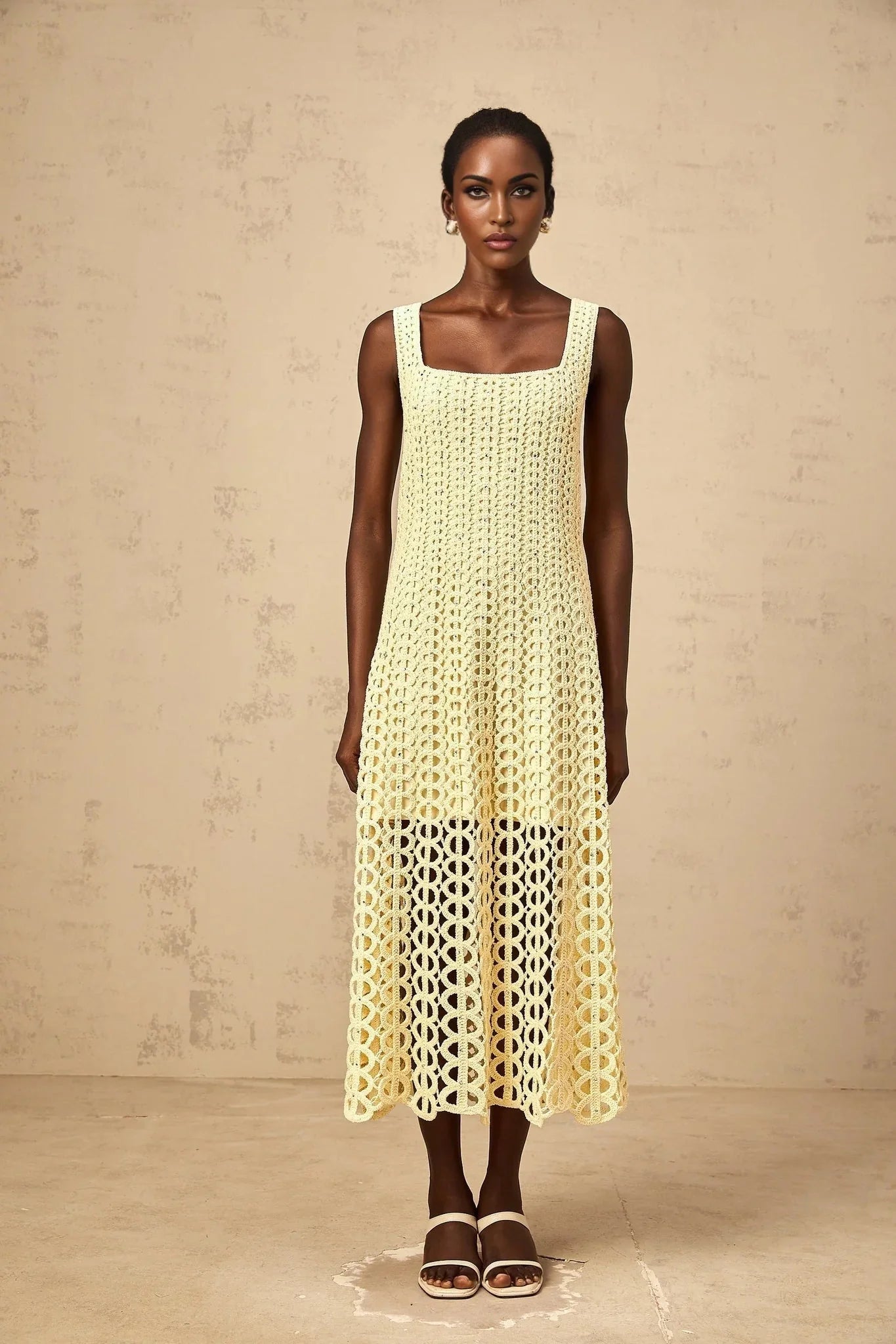 Giovannella Midi Dress Crochet Knit Cut - Out Sparkling Rhinestone & Flared Hem