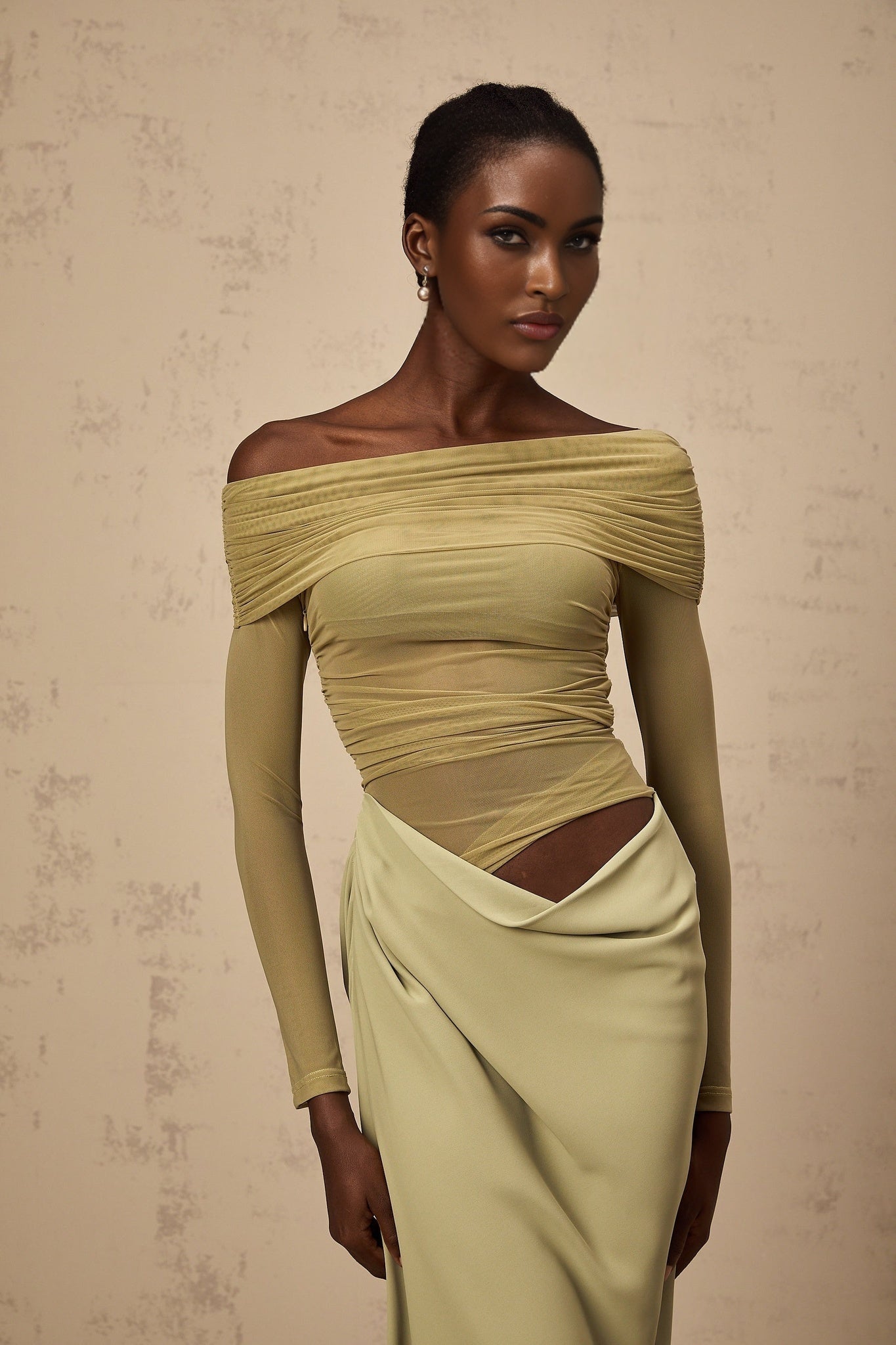 Giovannella Midi Dress - Off the Shoulder Design - Tulle Panelling - Ruched Detailing - Draped Detailing