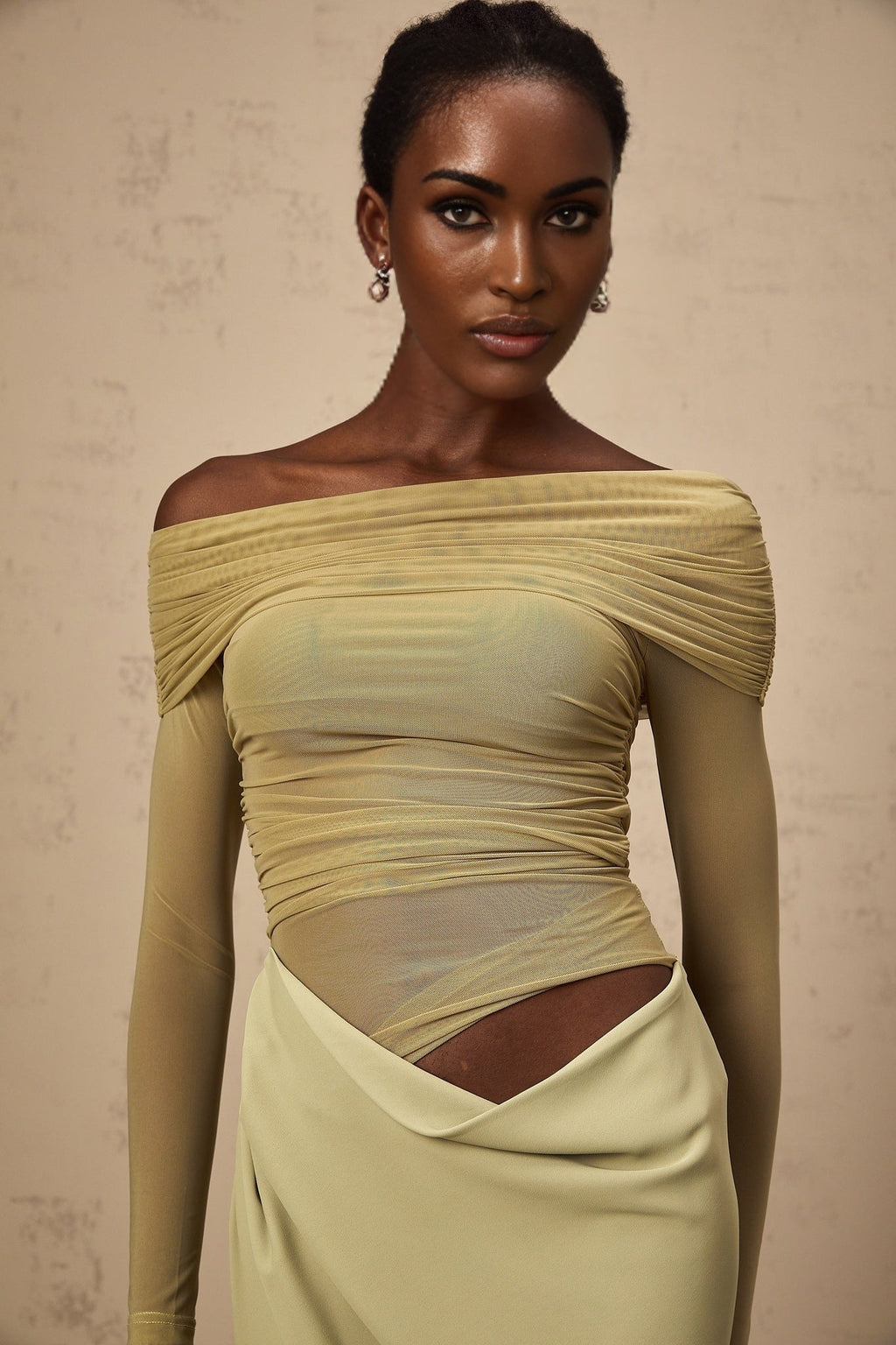 Giovannella Midi Dress - Off the Shoulder Design - Tulle Panelling - Ruched Detailing - Draped Detailing