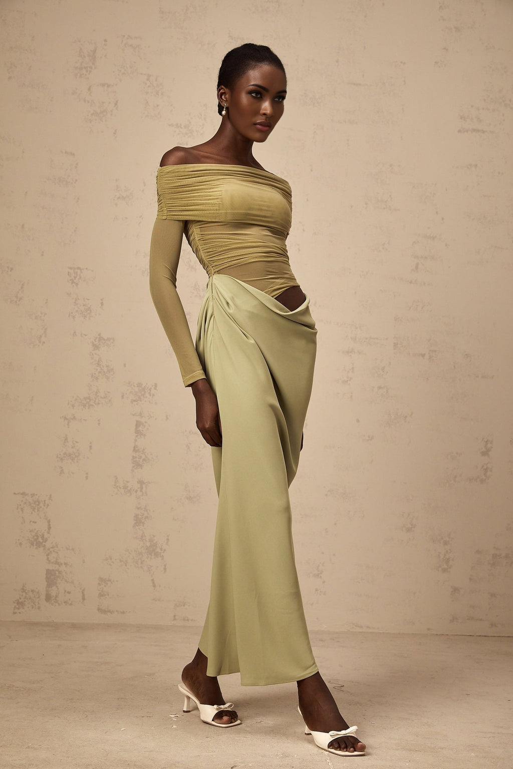 Giovannella Midi Dress - Off the Shoulder Design - Tulle Panelling - Ruched Detailing - Draped Detailing