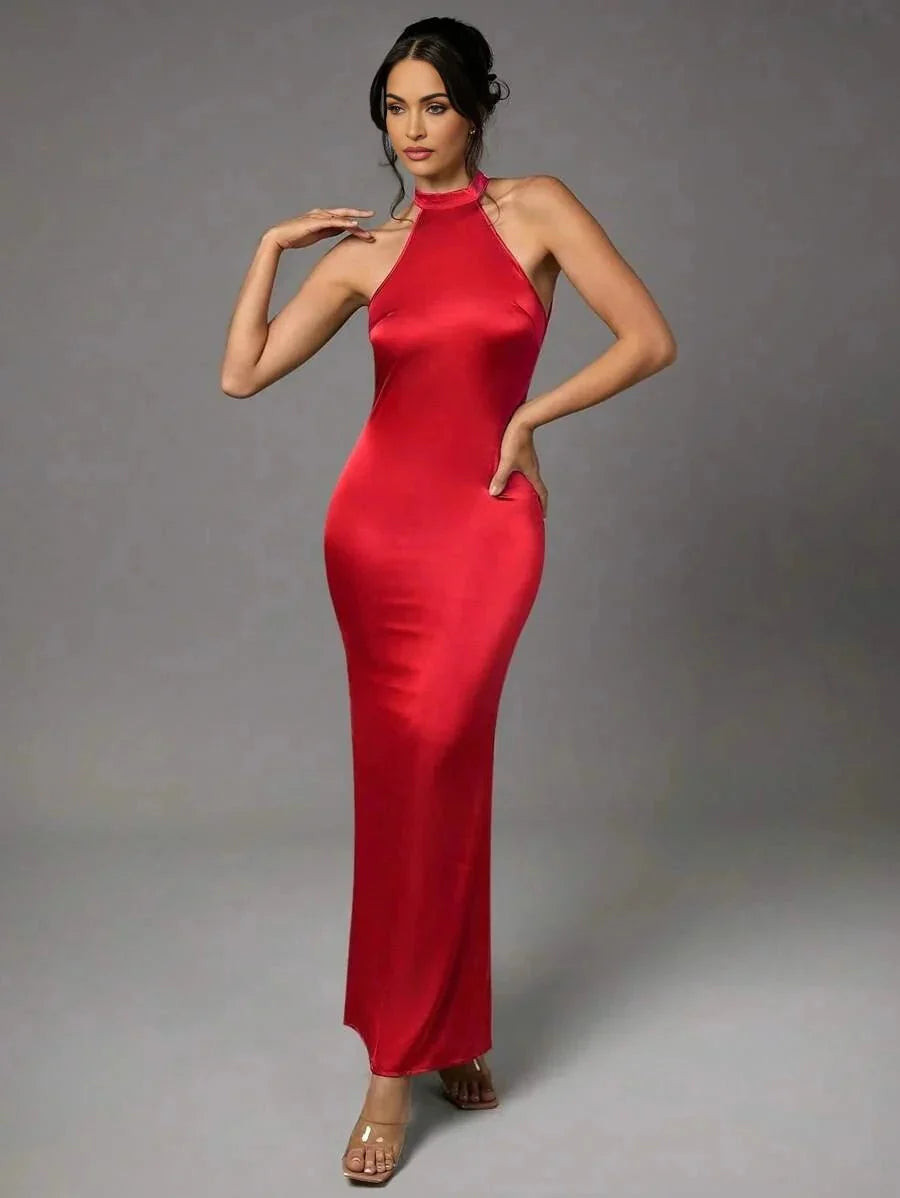 Giselle Maxi Dress - Asymmetrical Neckline - Mermaid Hem - Bodycon Fit - Backless Detail