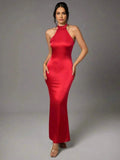 Giselle Maxi Dress - Asymmetrical Neckline - Mermaid Hem - Bodycon Fit - Backless Detail