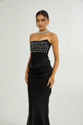 Giselle Maxi Dress - Off the Shoulder - Pleated Design - Crystal Embellishment - Flared Hem - Rear Zip Fastening