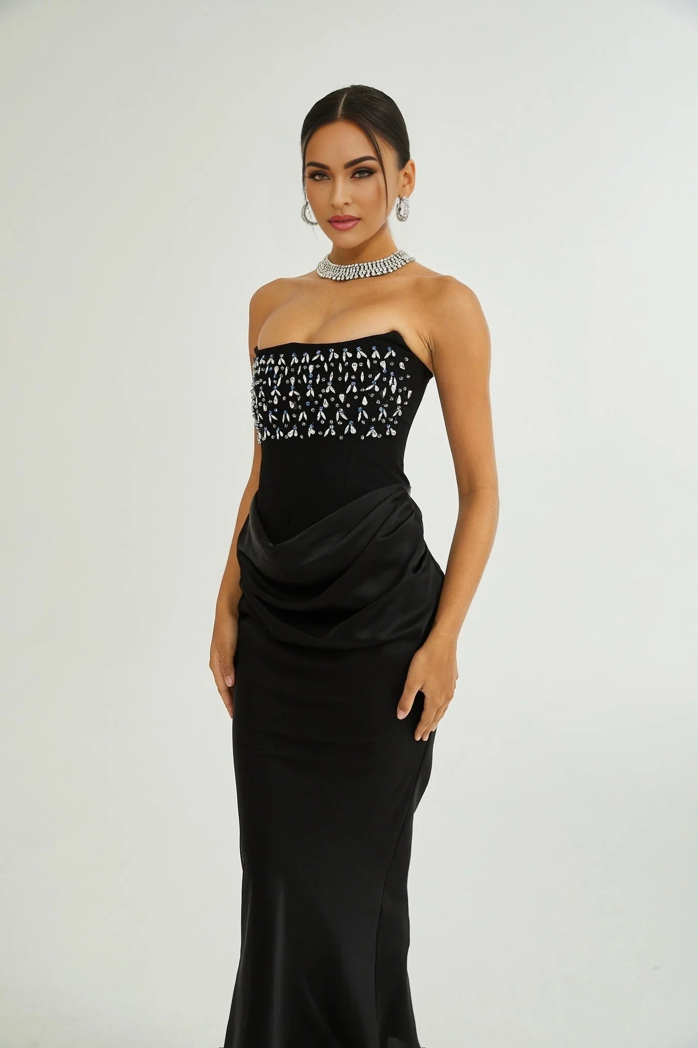 Giselle Maxi Dress - Off the Shoulder - Pleated Design - Crystal Embellishment - Flared Hem - Rear Zip Fastening
