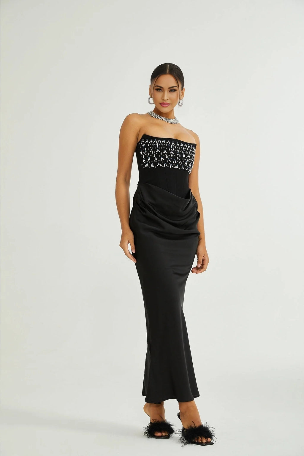 Giselle Maxi Dress - Off the Shoulder - Pleated Design - Crystal Embellishment - Flared Hem - Rear Zip Fastening