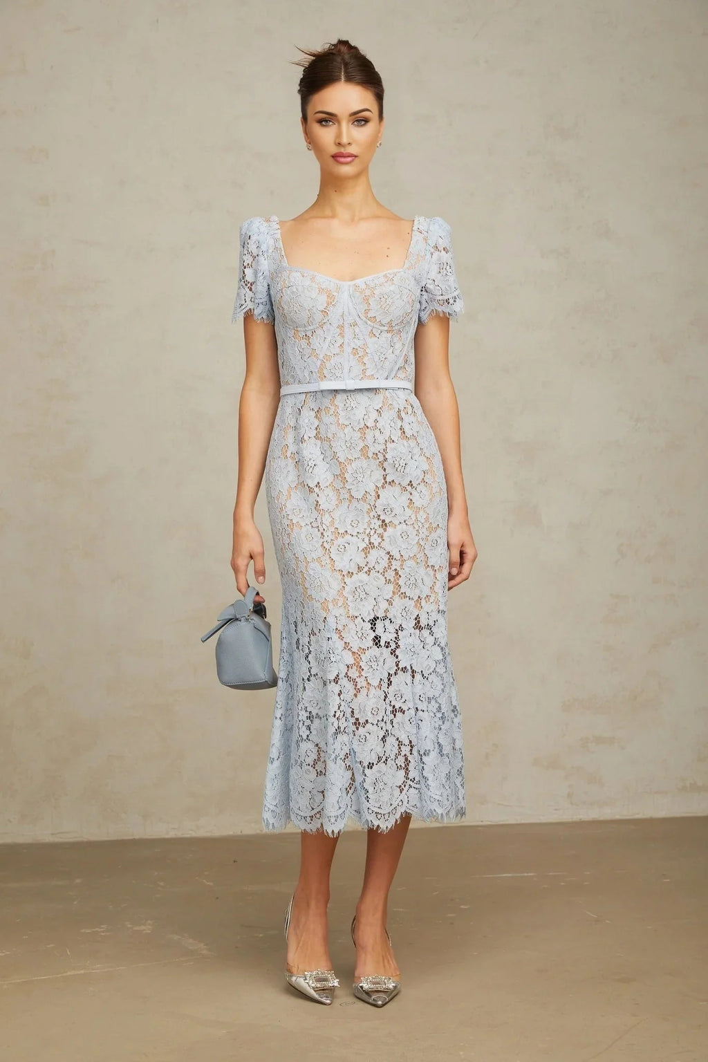 Giselle Midi Dress Blue Floral Lace Boned Belted Calf - Length Hem Scallop Trim