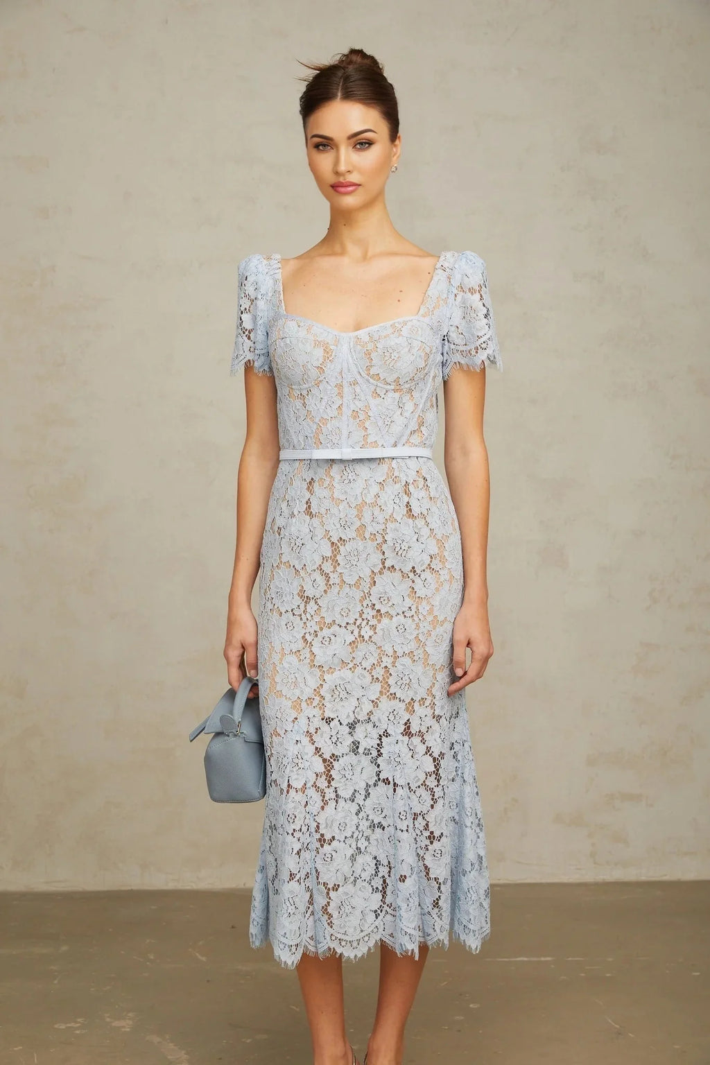 Giselle Midi Dress Blue Floral Lace Boned Belted Calf - Length Hem Scallop Trim