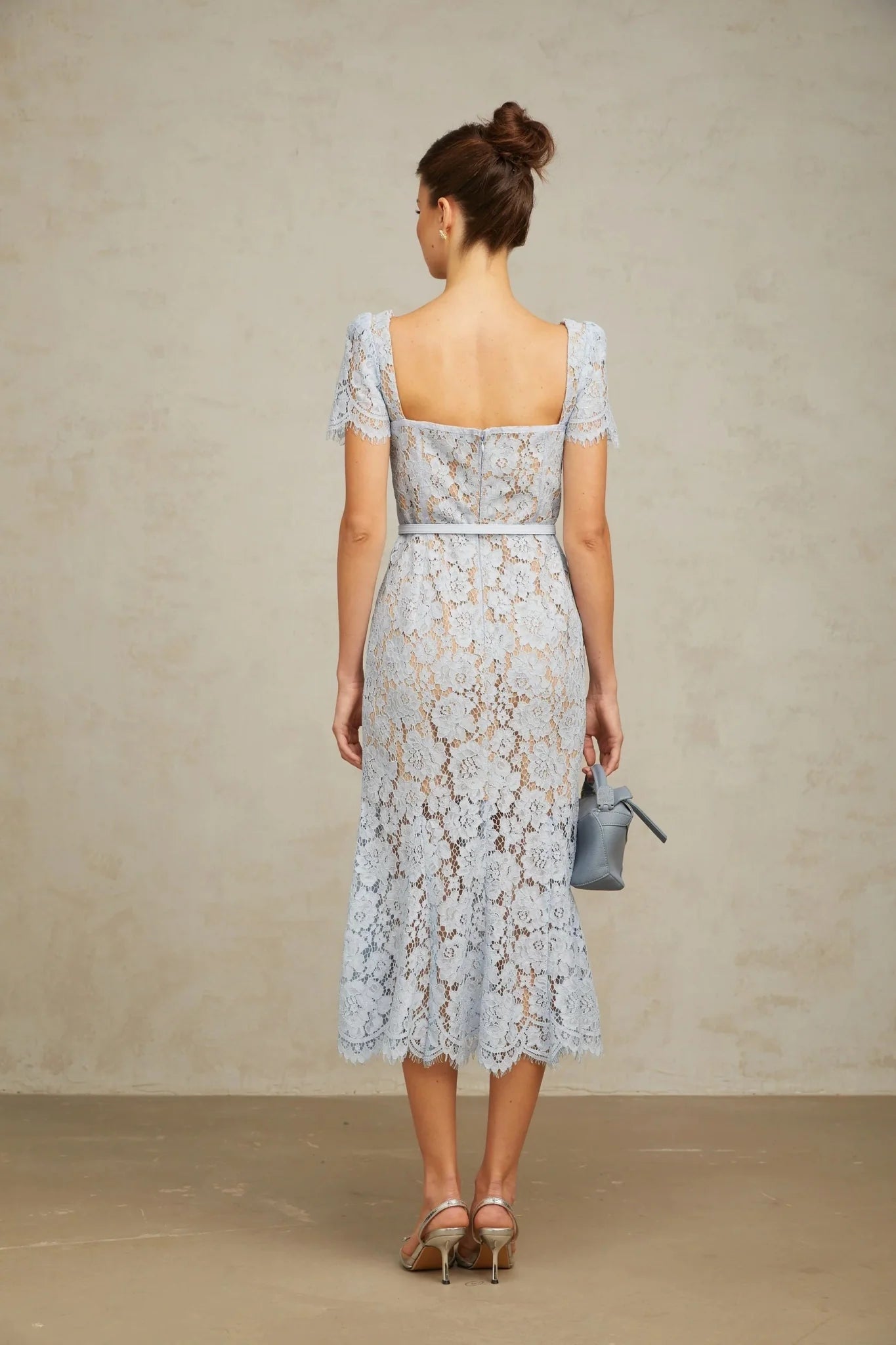 Giselle Midi Dress Blue Floral Lace Boned Belted Calf - Length Hem Scallop Trim