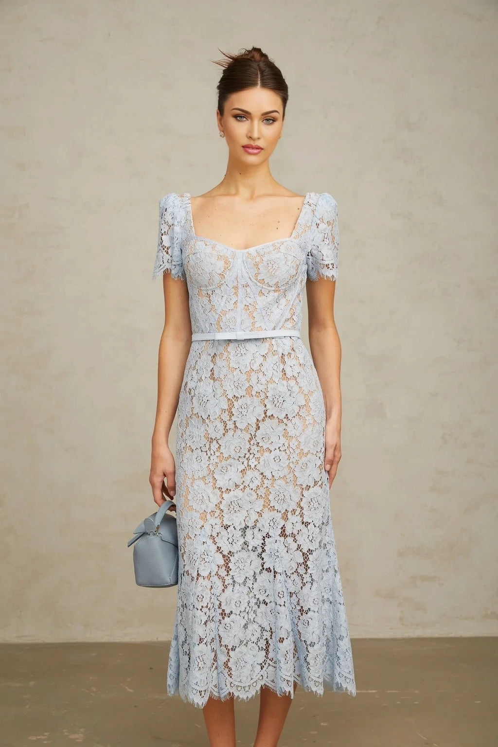 Giselle Midi Dress Blue Floral Lace Boned Belted Calf - Length Hem Scallop Trim