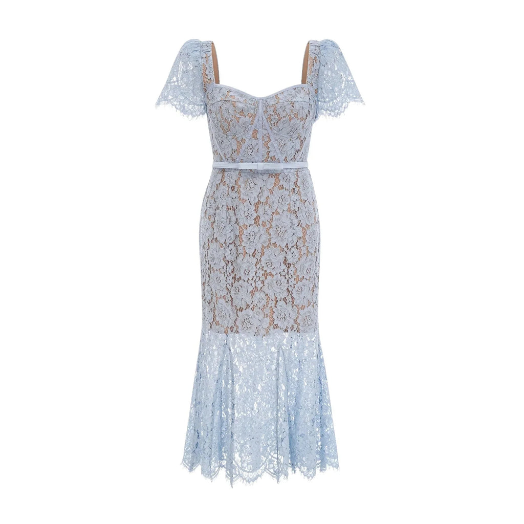 Giselle Midi Dress Blue Floral Lace Boned Belted Calf - Length Hem Scallop Trim