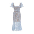 Giselle Midi Dress Blue Floral Lace Boned Belted Calf - Length Hem Scallop Trim