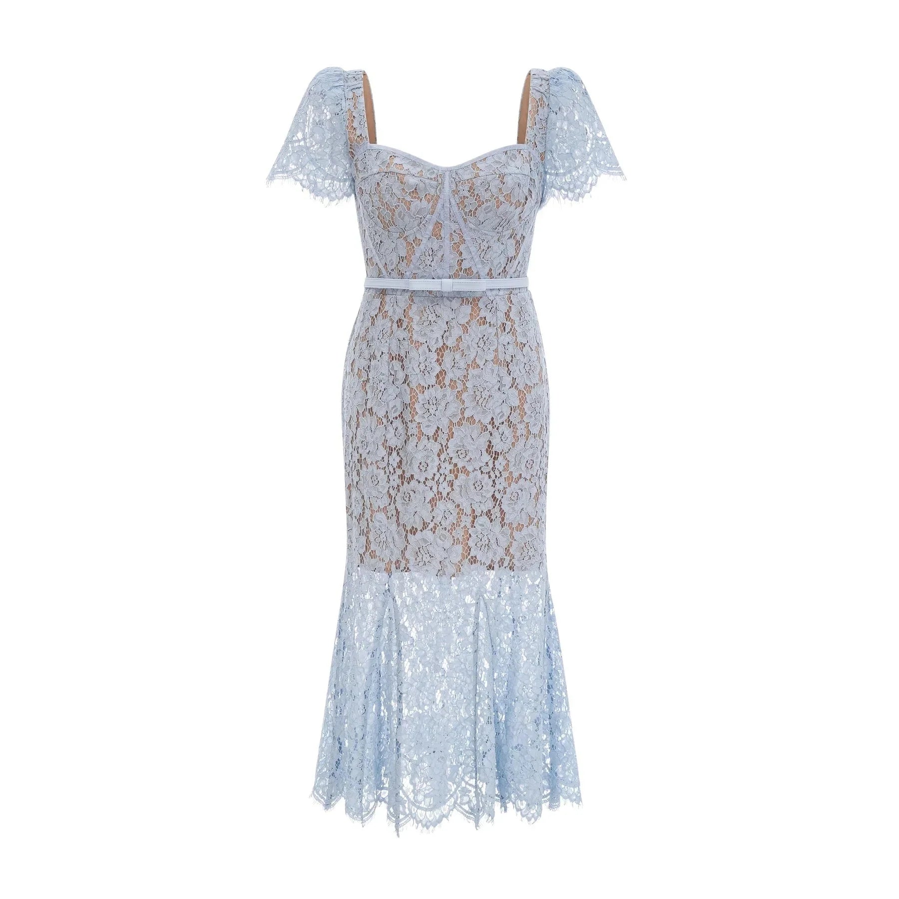 Giselle Midi Dress Blue Floral Lace Boned Belted Calf - Length Hem Scallop Trim