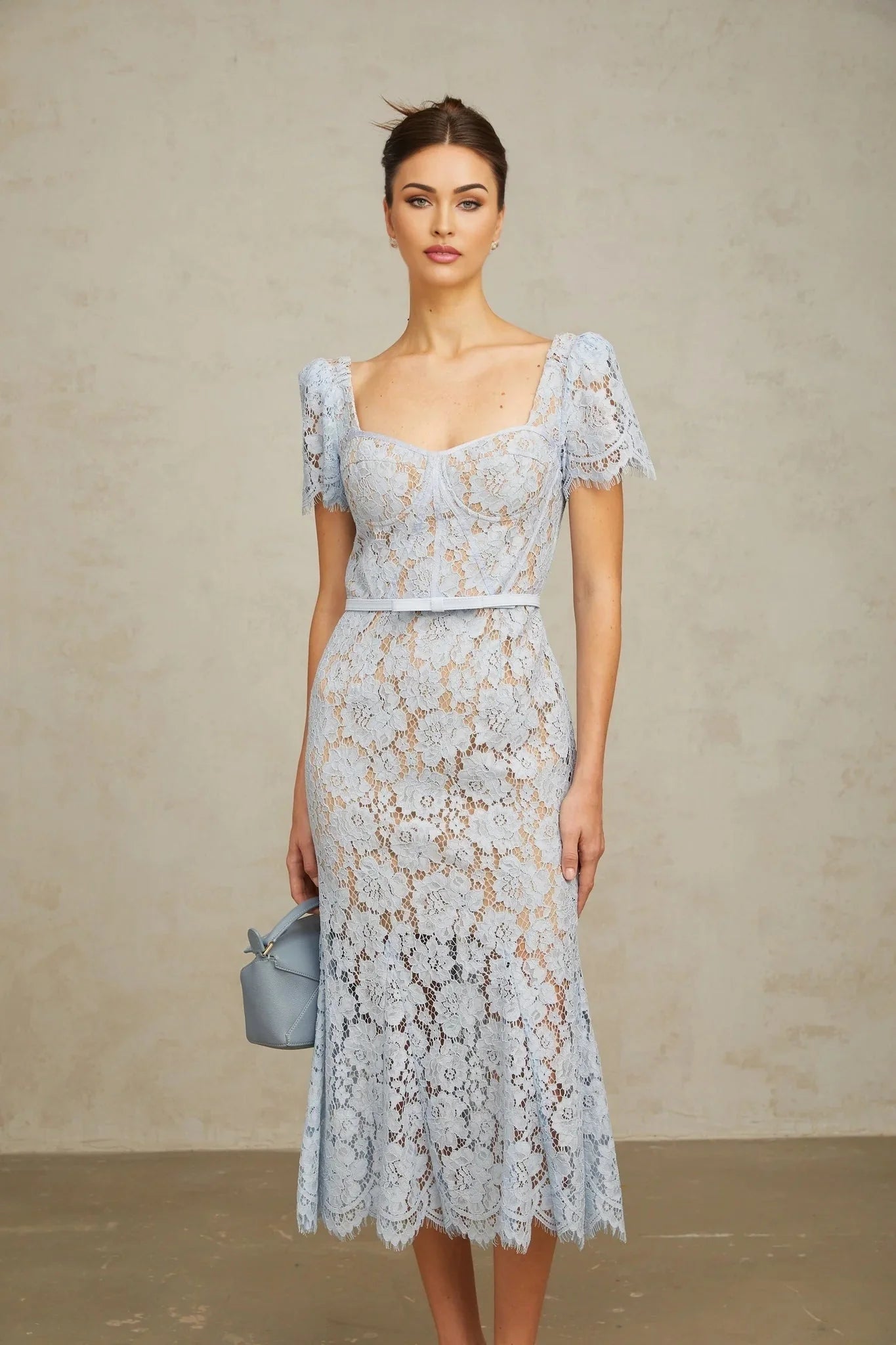 Giselle Midi Dress Blue Floral Lace Boned Belted Calf - Length Hem Scallop Trim