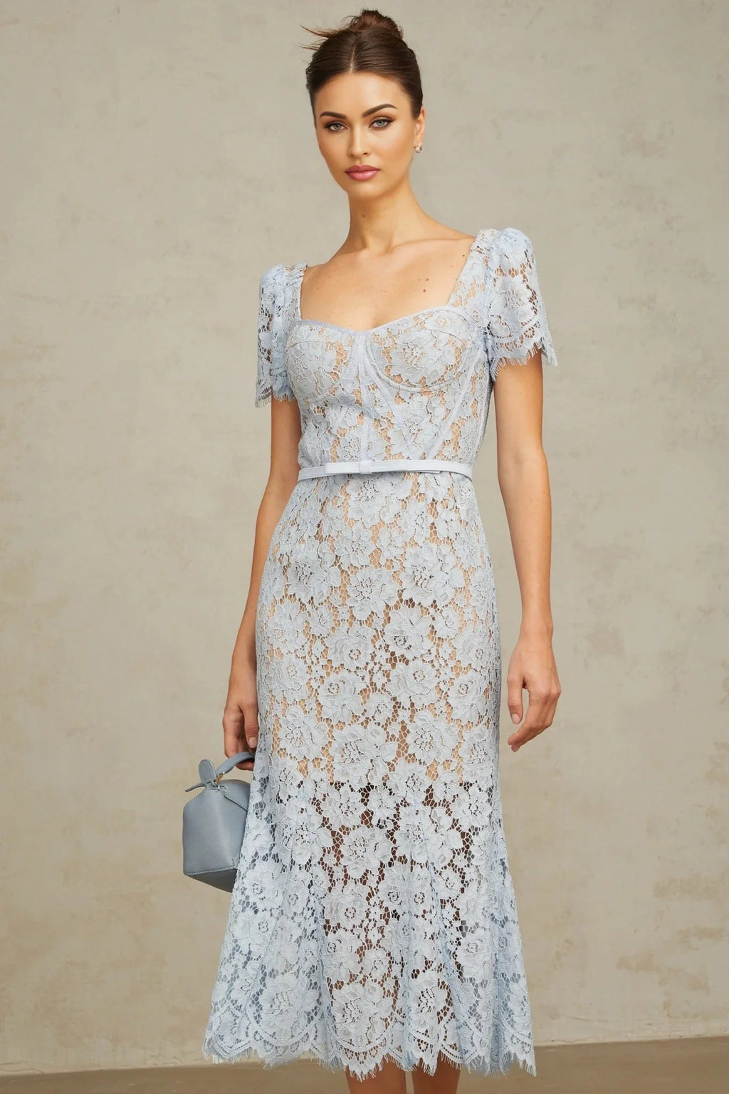 Giselle Midi Dress Blue Floral Lace Boned Belted Calf - Length Hem Scallop Trim