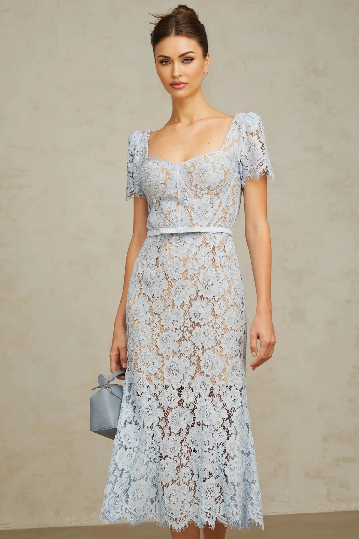 Giselle Midi Dress Blue Floral Lace Boned Belted Calf - Length Hem Scallop Trim