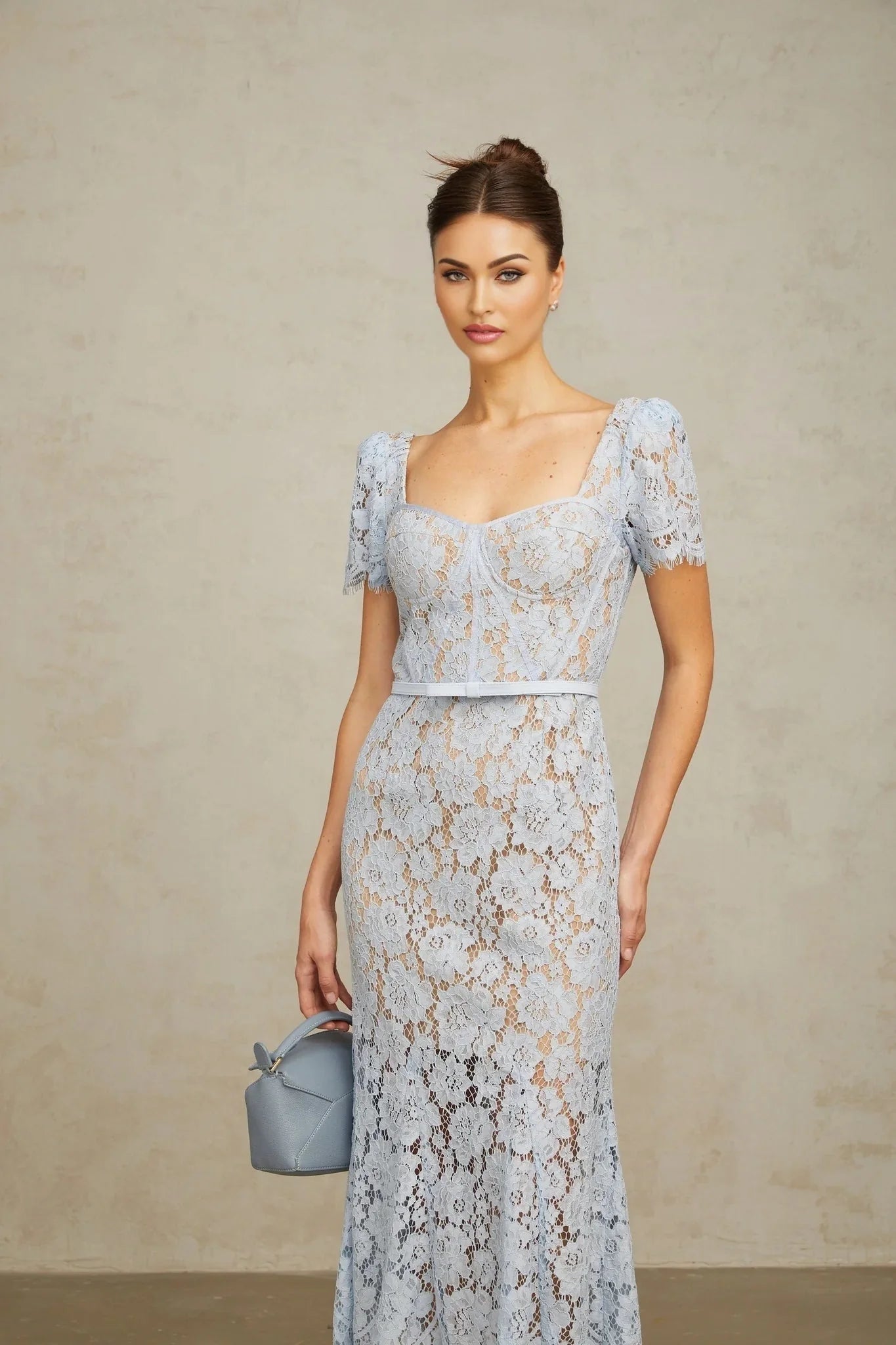 Giselle Midi Dress Blue Floral Lace Boned Belted Calf - Length Hem Scallop Trim