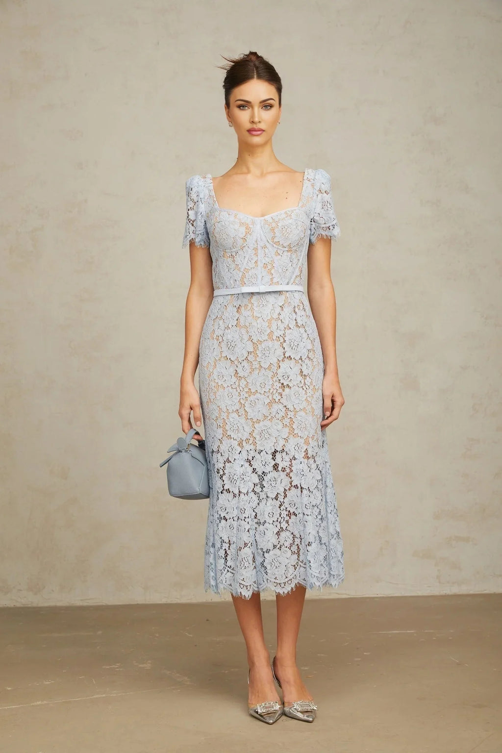 Giselle Midi Dress Blue Floral Lace Boned Belted Calf - Length Hem Scallop Trim