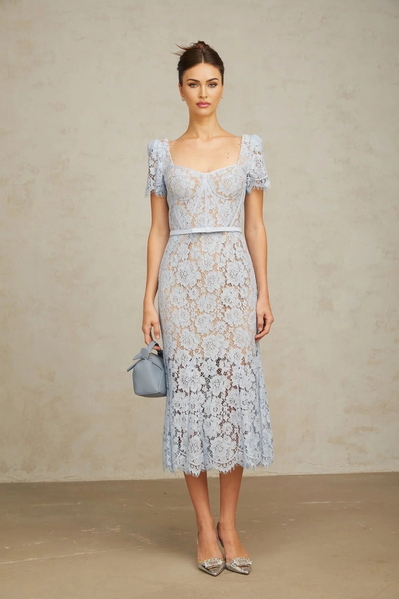 Giselle Midi Dress Blue Floral Lace Boned Belted Calf - Length Hem Scallop Trim