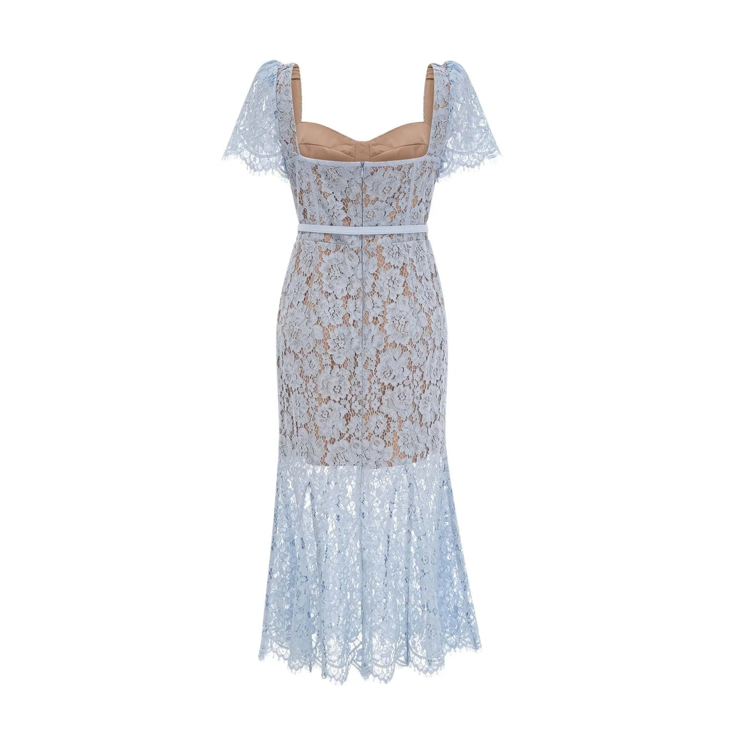Giselle Midi Dress Blue Floral Lace Boned Belted Calf - Length Hem Scallop Trim