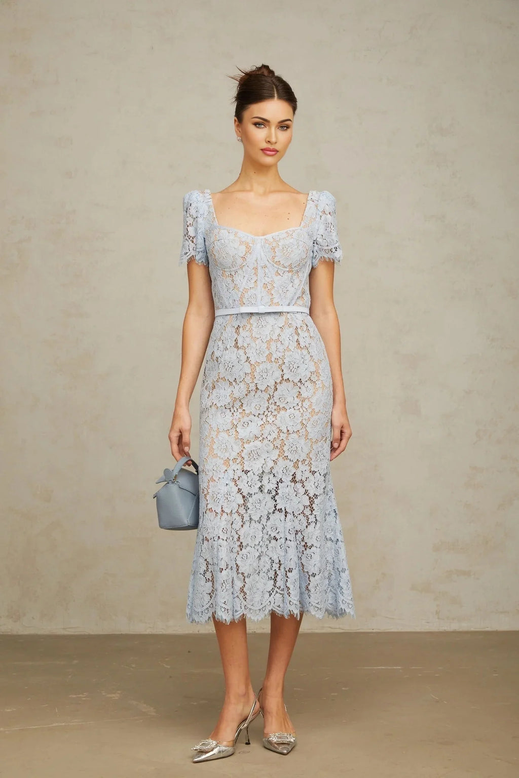 Giselle Midi Dress Blue Floral Lace Boned Belted Calf - Length Hem Scallop Trim