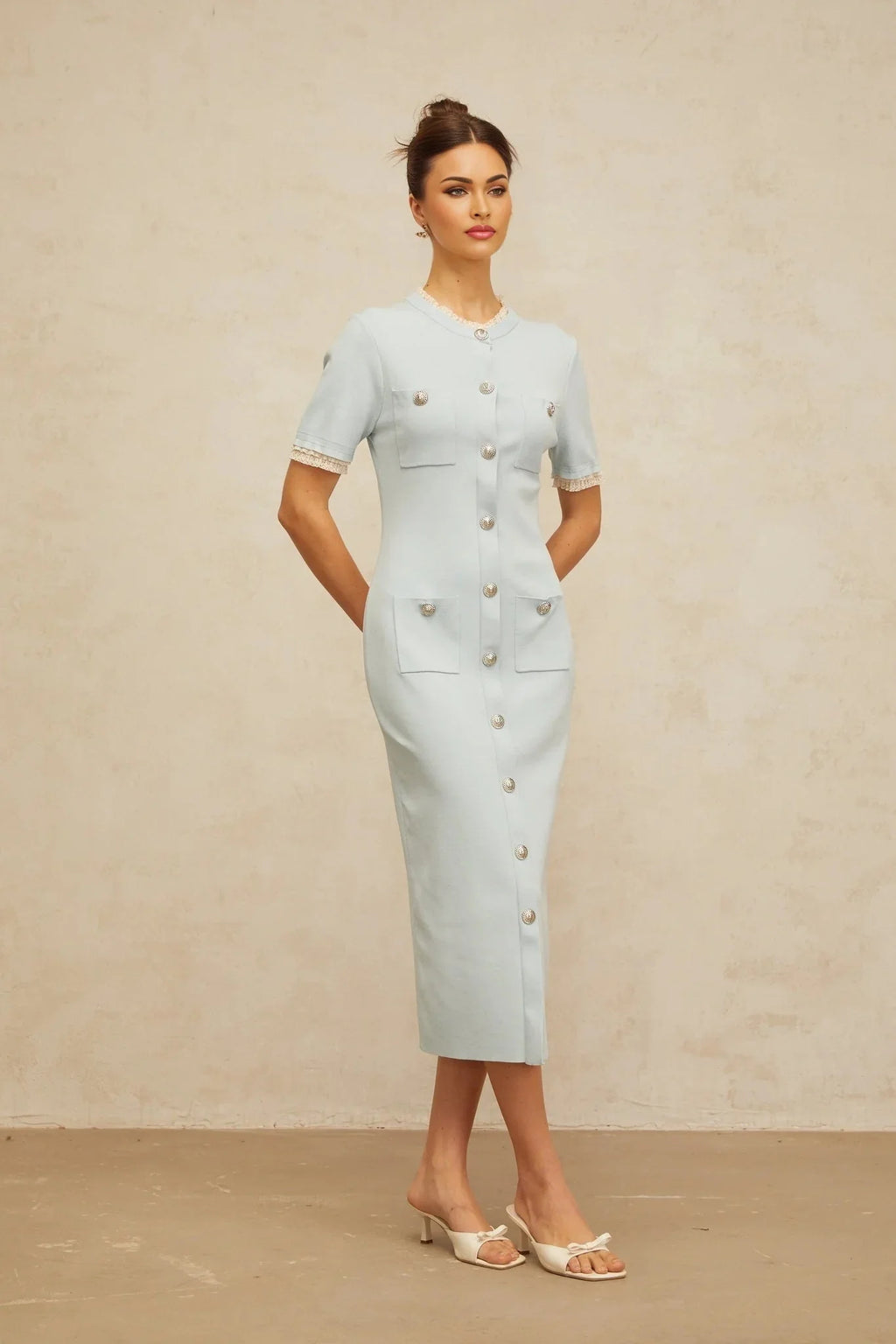 Giselle Midi Dress Light - Blue Knit Ruffle Trim Button Front Pencil Silhouette