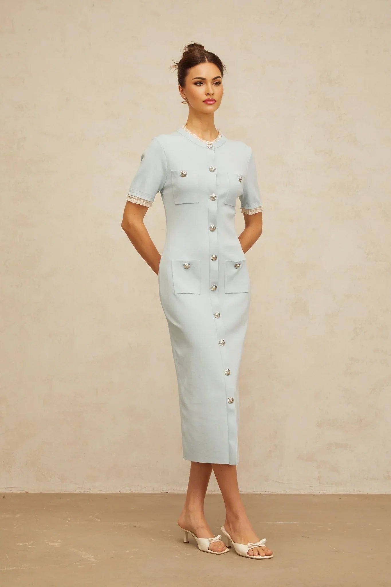 Giselle Midi Dress Light - Blue Knit Ruffle Trim Button Front Pencil Silhouette