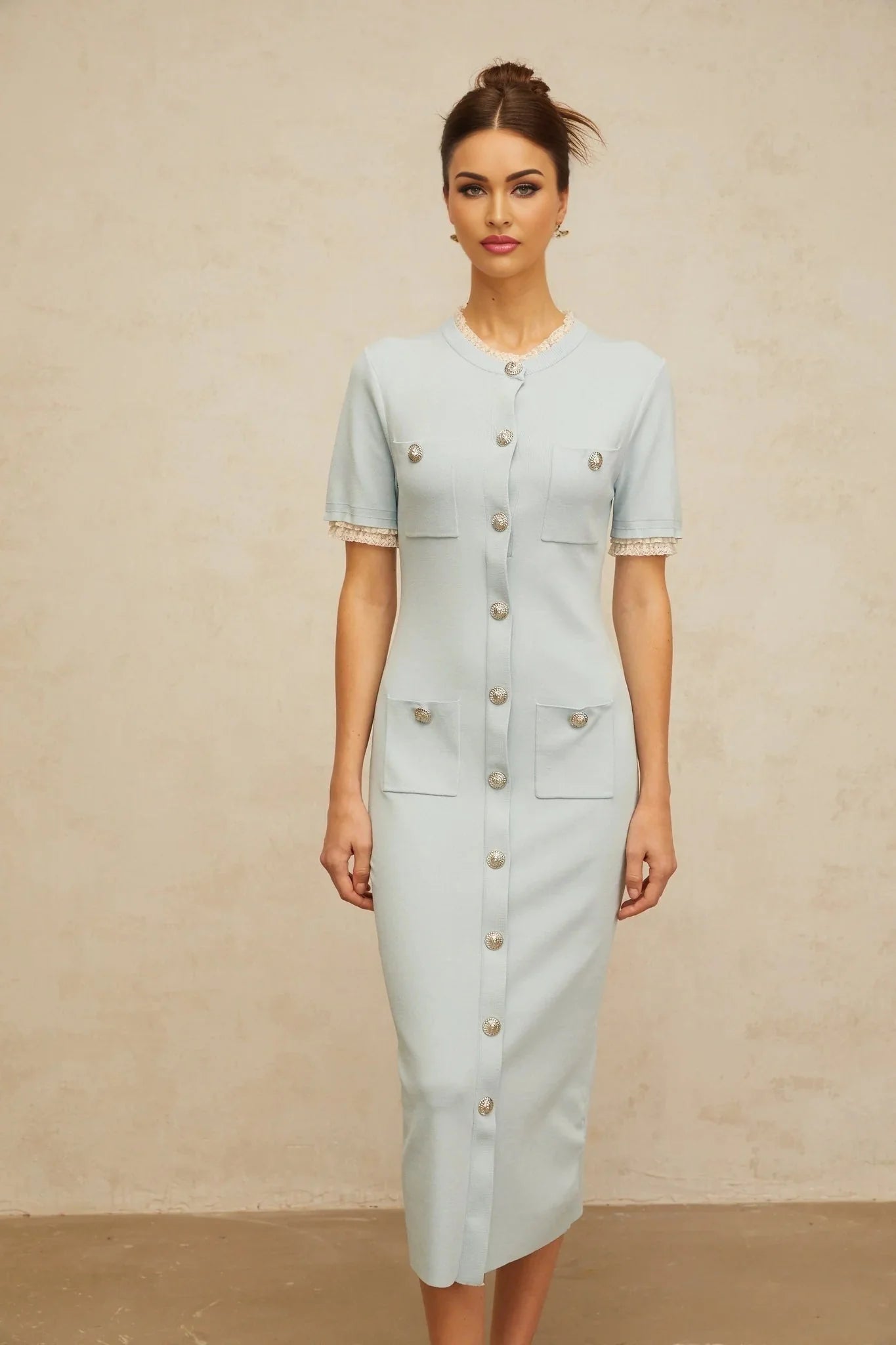 Giselle Midi Dress Light - Blue Knit Ruffle Trim Button Front Pencil Silhouette