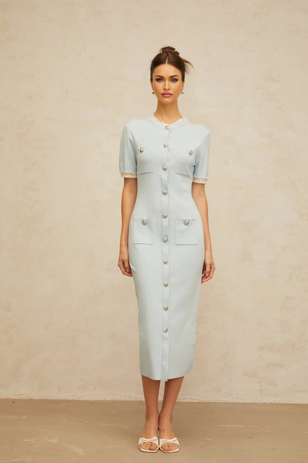 Giselle Midi Dress Light - Blue Knit Ruffle Trim Button Front Pencil Silhouette