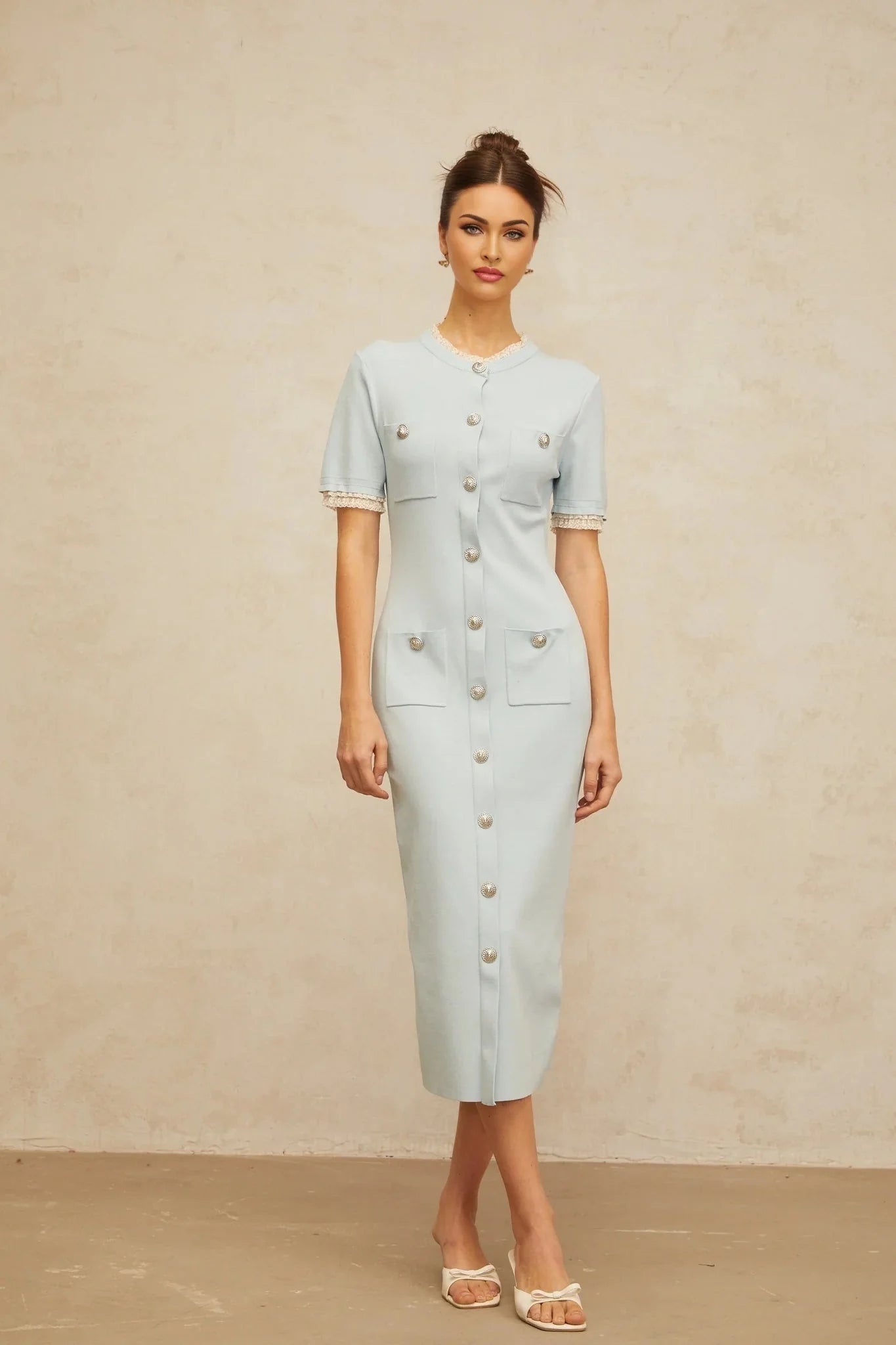 Giselle Midi Dress Light - Blue Knit Ruffle Trim Button Front Pencil Silhouette