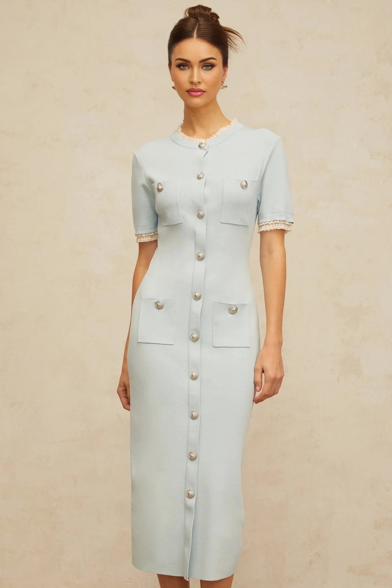 Giselle Midi Dress Light - Blue Knit Ruffle Trim Button Front Pencil Silhouette