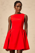 Giselle Mini Dress - Bateau Neckline - Sleeveless - Scoop Back - Fitted Waist with Ruched Detailing