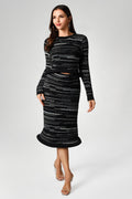 Giuditta Black Textured Fabric Dress with Long Sleeves Knee-Length Skirt