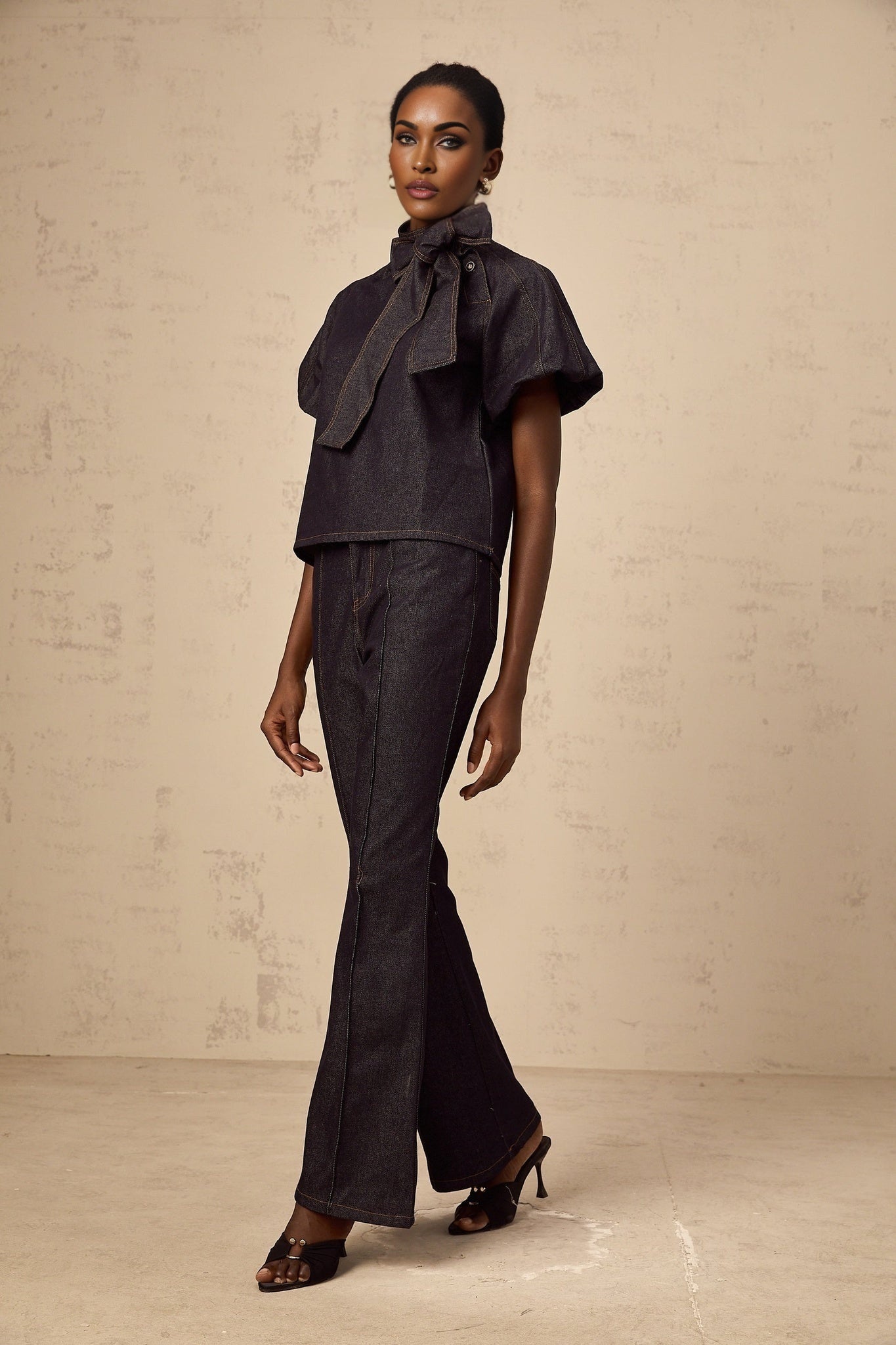 Giuditta Denim Blouse & Jeans Set - Ribbon Tie - Neck Detailing - Short Puff Sleeves - Flared Hem - Classic Five Pockets