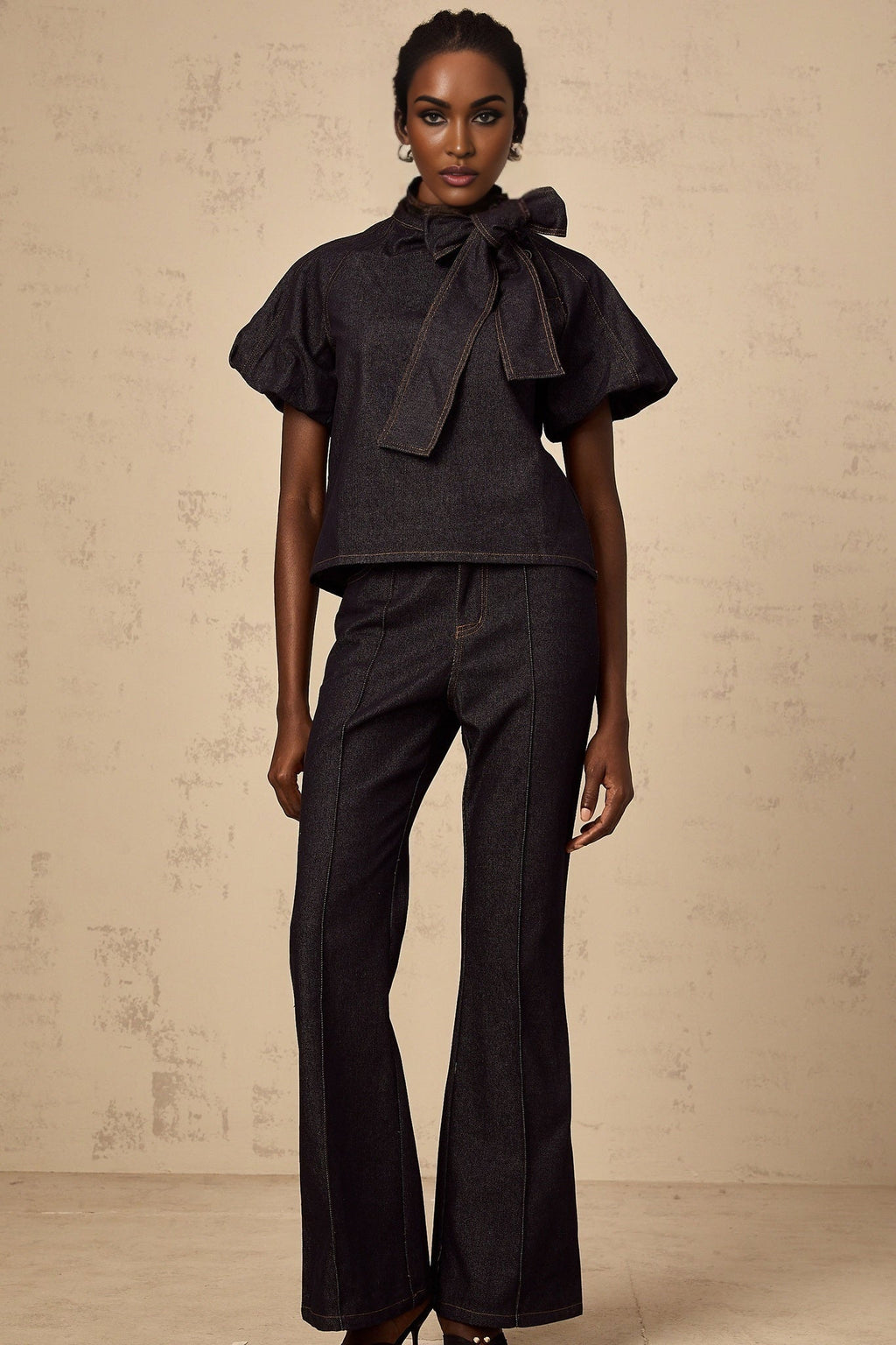 Giuditta Denim Blouse & Jeans Set - Ribbon Tie - Neck Detailing - Short Puff Sleeves - Flared Hem - Classic Five Pockets