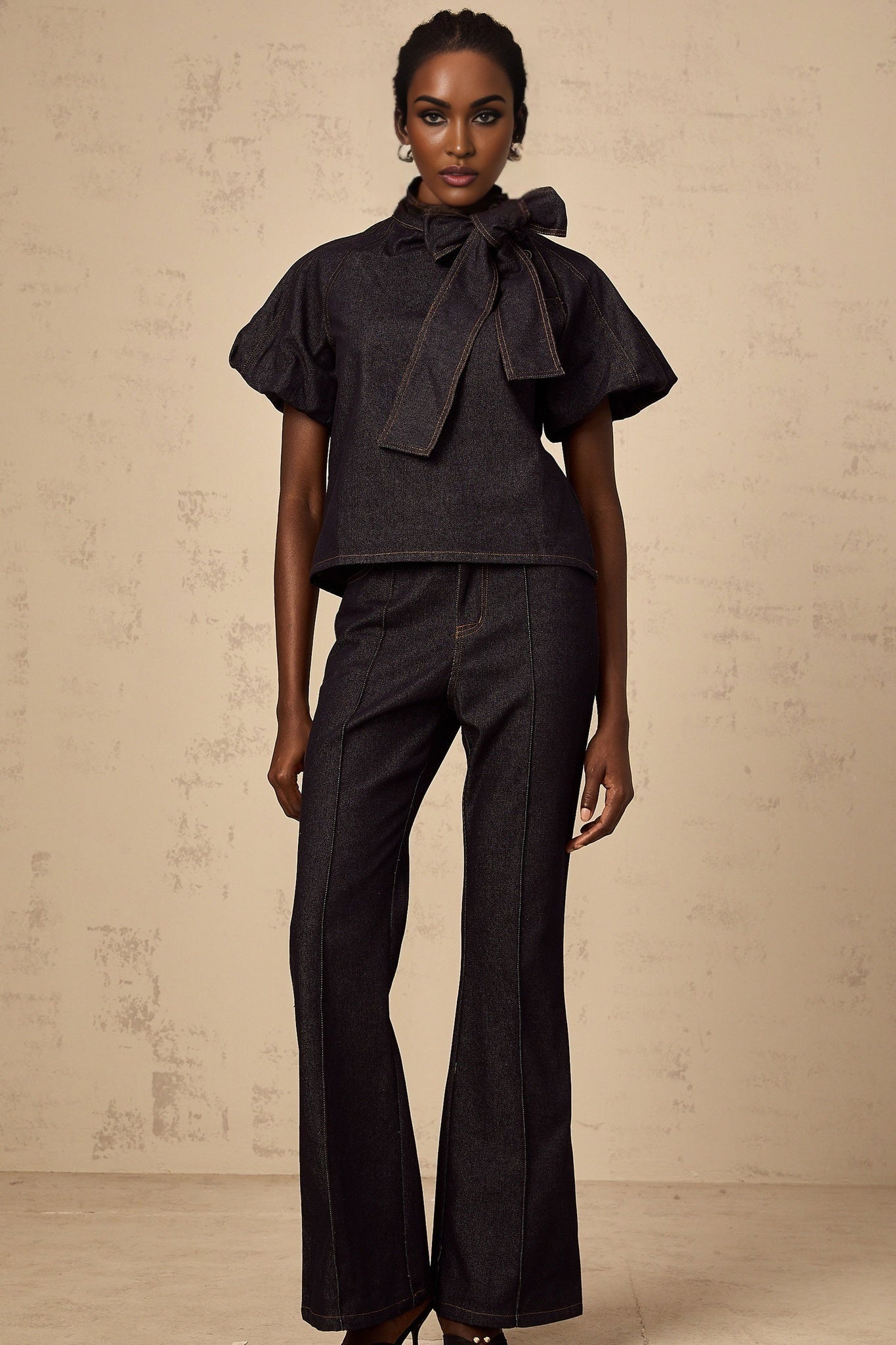 Giuditta Denim Blouse & Jeans Set - Ribbon Tie - Neck Detailing - Short Puff Sleeves - Flared Hem - Classic Five Pockets