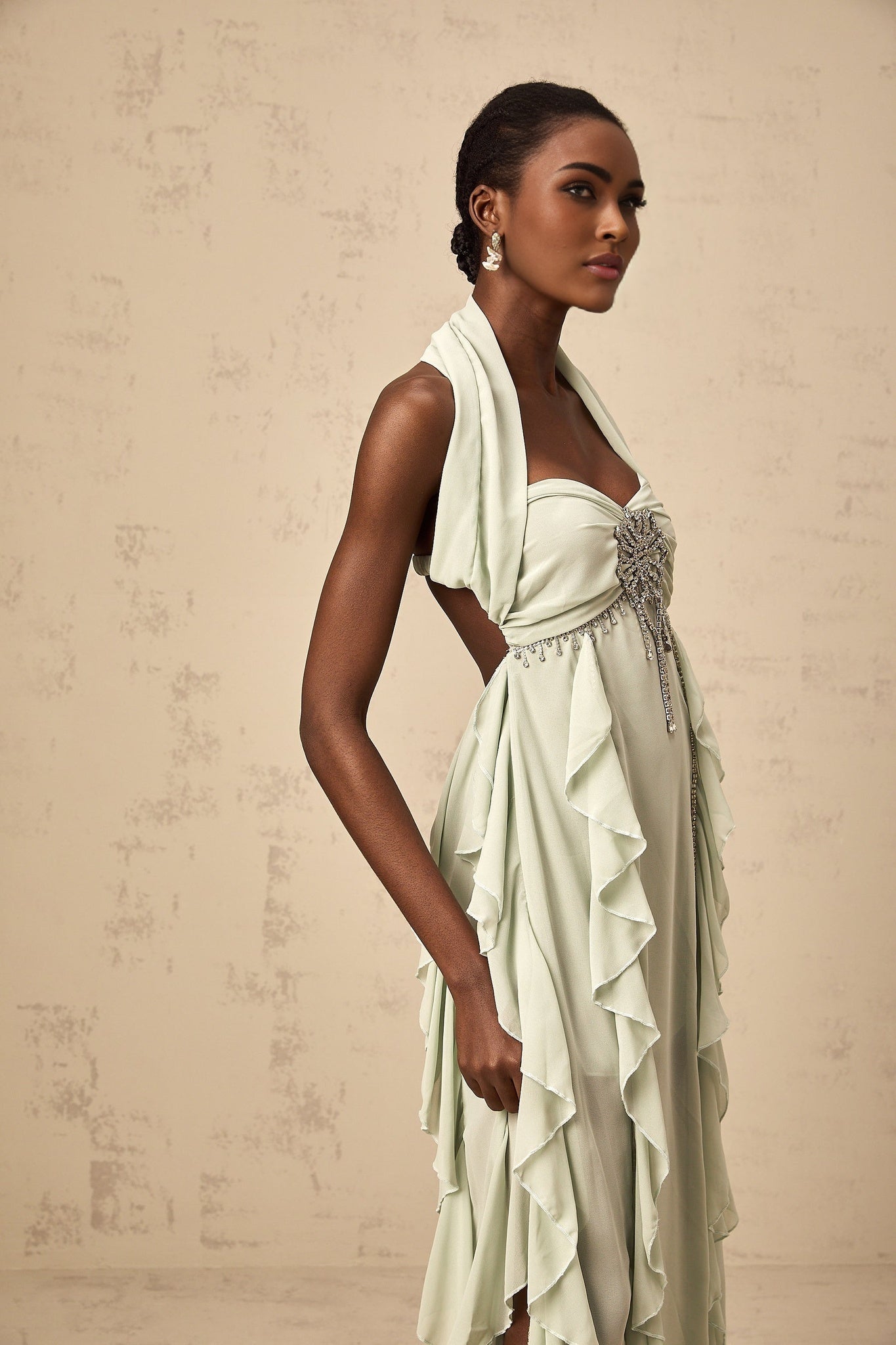 Giuditta Midi Dress - Sleeveless - Halterneck - Pleated - Ruffled Crystal Embellished